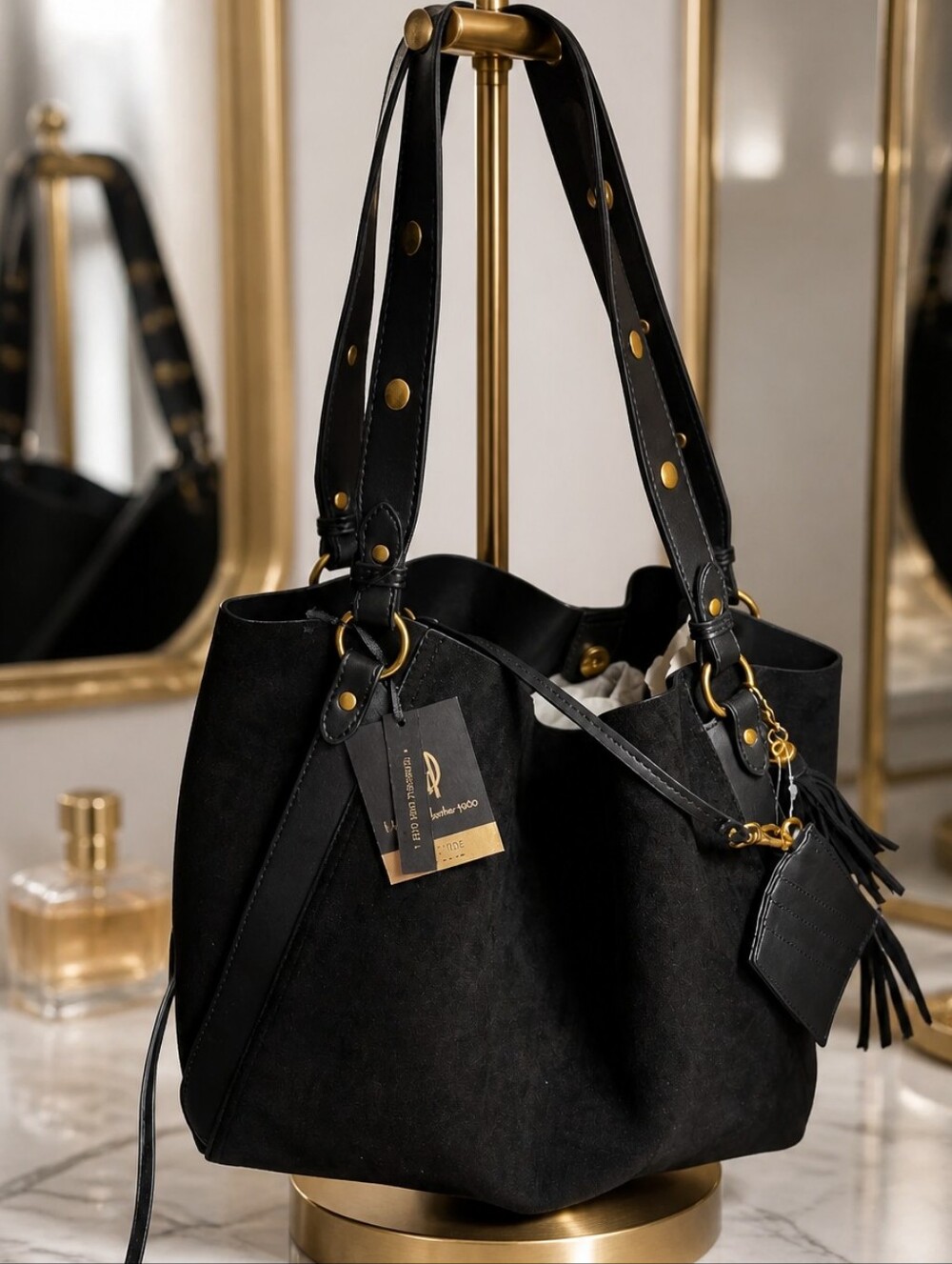 House of Harlow 1960 Black Suede Shoulder Tote with Gold Hardware
